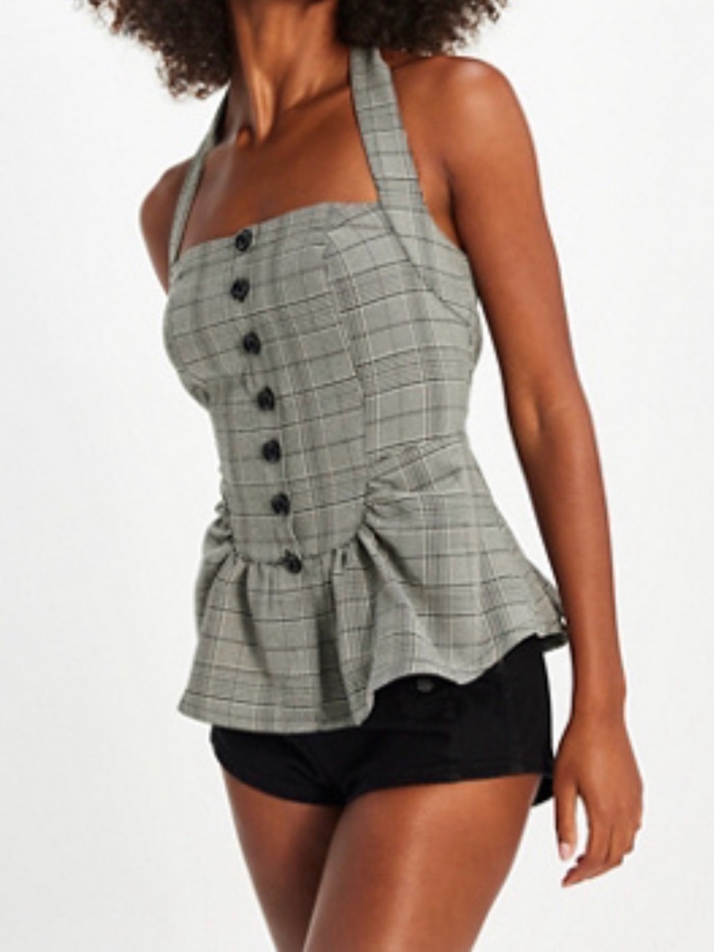 Free People Anastasia Plaid Halter Peplum Button-Front Top - Gray